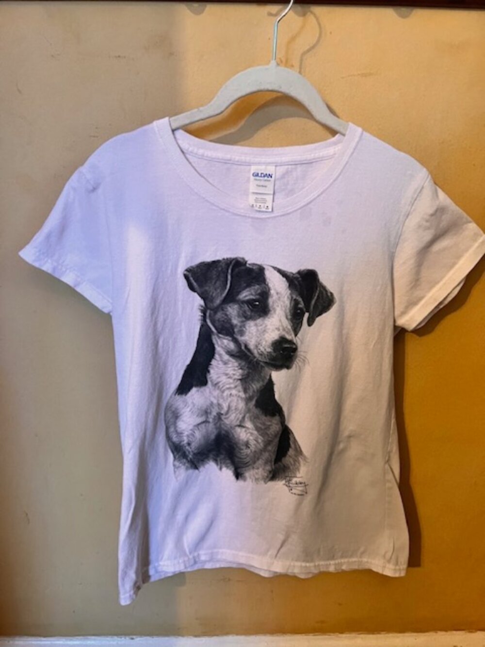 New Jack Russell T-Shirt drawn by artist, White Background, Size Medium